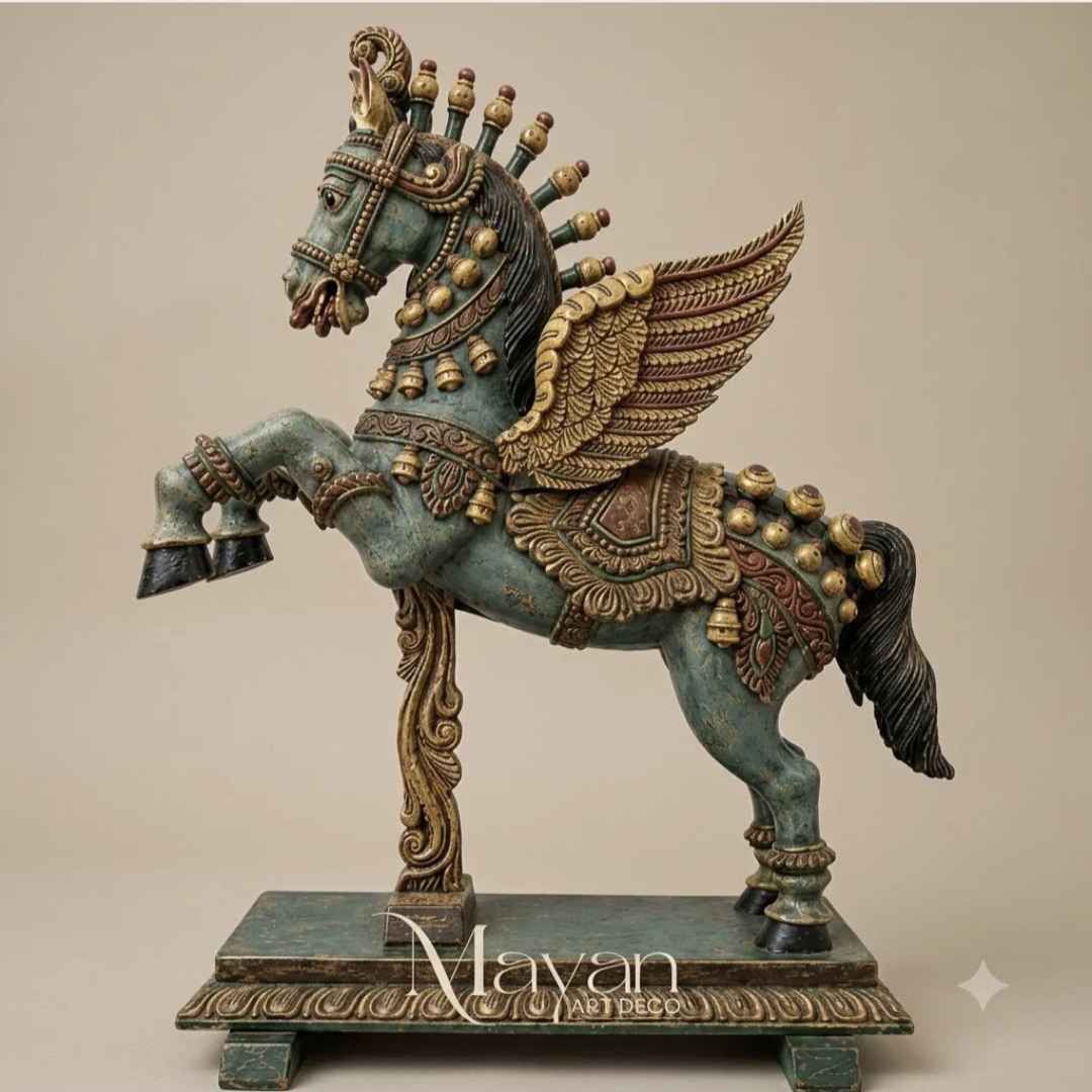 HANDCRAFTED WOODEN FLYING HORSE STATUE