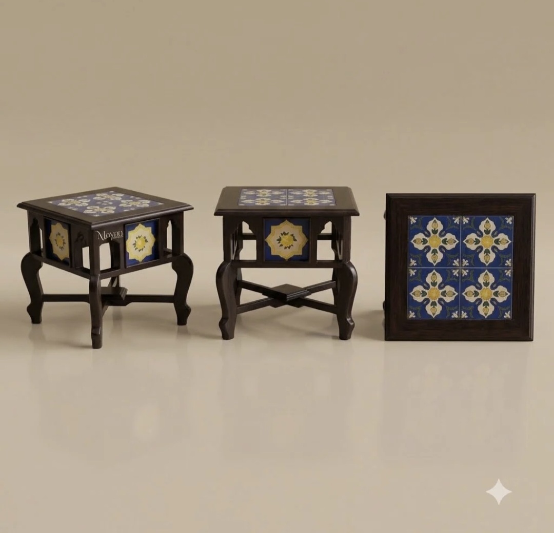 Vintage Walnut Floral Tile-Inlay Burma Teak Wood Side Table