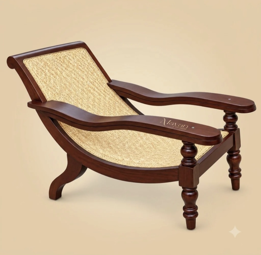 Vintage Burma Teak Wood & Cane High-Back Lounge Chair