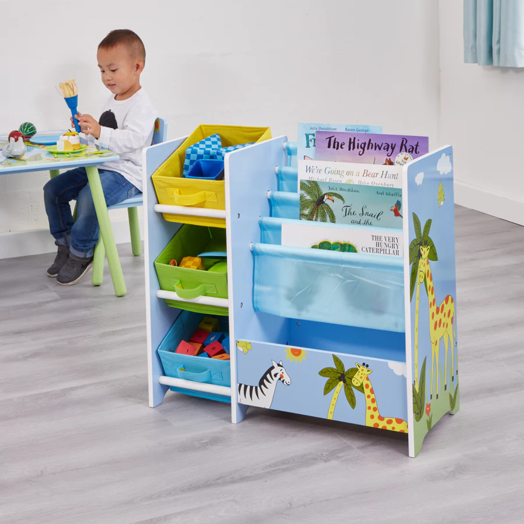 Wooden Safari Book Display Unit – Fabric Toy Storage | UK Wholesaler