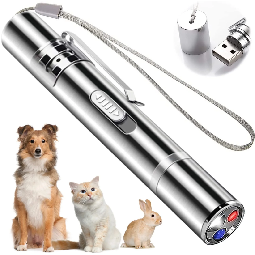 Cat Chasing Toy, USB Laser Pointer for Chasing Interactive Cat Toy 3 in 1 Laser Pen Checking Cat Skin/White Light Illumination/5 Patterns