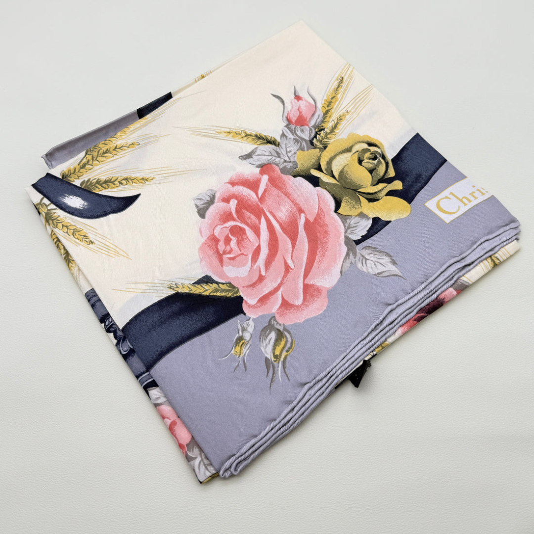 Christian Dior Vintage Rose and Ribbon Silk Scarf Luxury Designer Fashion Accessory for Women