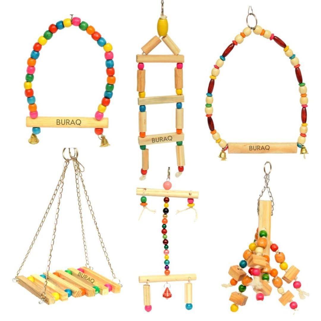 6 pcs Hanging Bird Toys -Complete Set Hanging Swing Chewing perches Bridges for All Types of birds