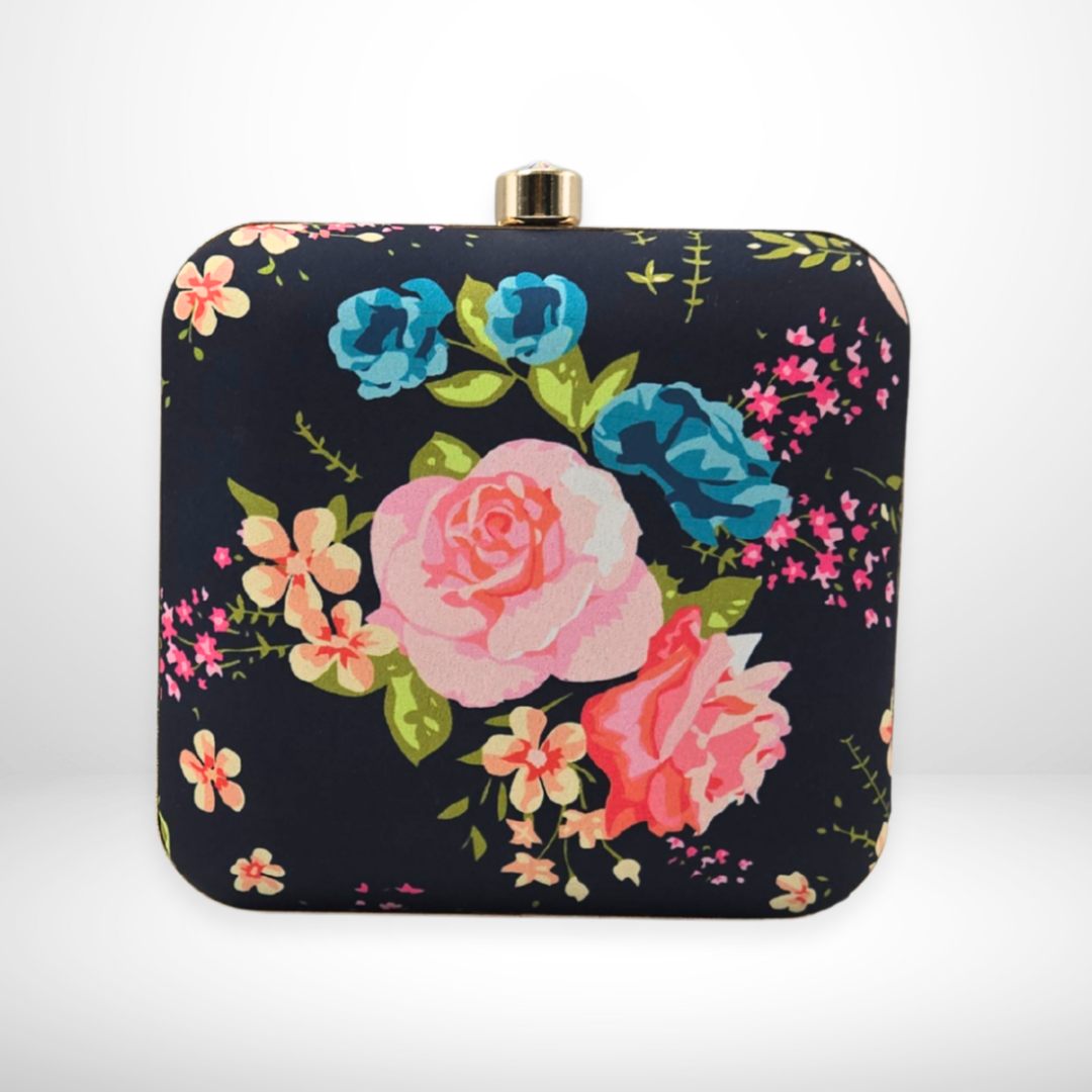 Rose Print Fabric Box Clutch Elegant Party Handbag with Structured Design for Weddings and Events