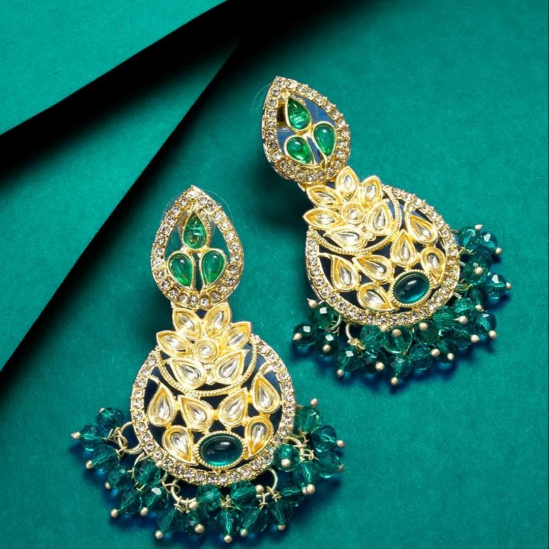 Gold & Green Traditional Earrings - Elegant & Festive Jewelry 