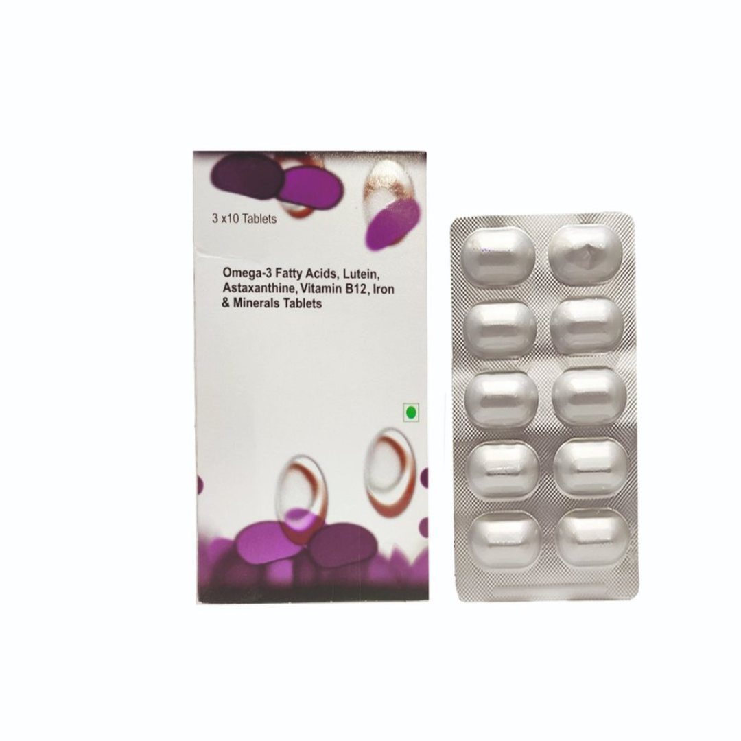 Omega-3 Fatty Acids Lutein Astaxanthine Vitamin B12 Iron Minerals Tablets