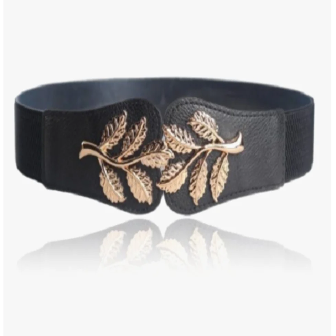Women Golden Leaf Buckle for Dresses Coat Fashion Elastic Wide Wesa Black Strap