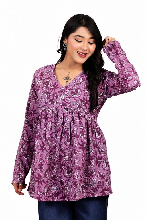Women Printed Kurti Set for Girls Pink Purple Floral Paisley Printed Long Sleeve Flared Kurti Top with Wide Leg Bottom  Stylish Trendy Ethnic Casual Wear Daily Office College Party Outfit for Women