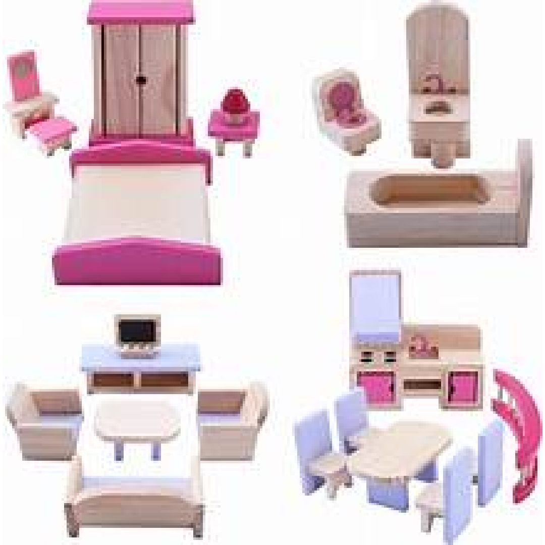 Wishoz Wooden Dollhouse Furniture Set, DIY Pretend Play