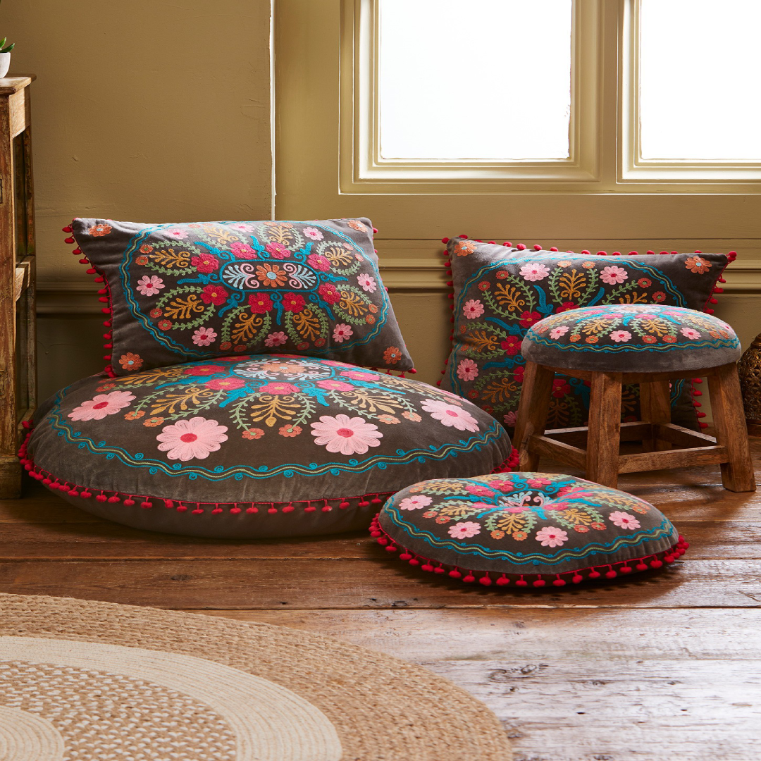 Tech Ahyana Embroidered Velvet Floor Cushion UK Décor