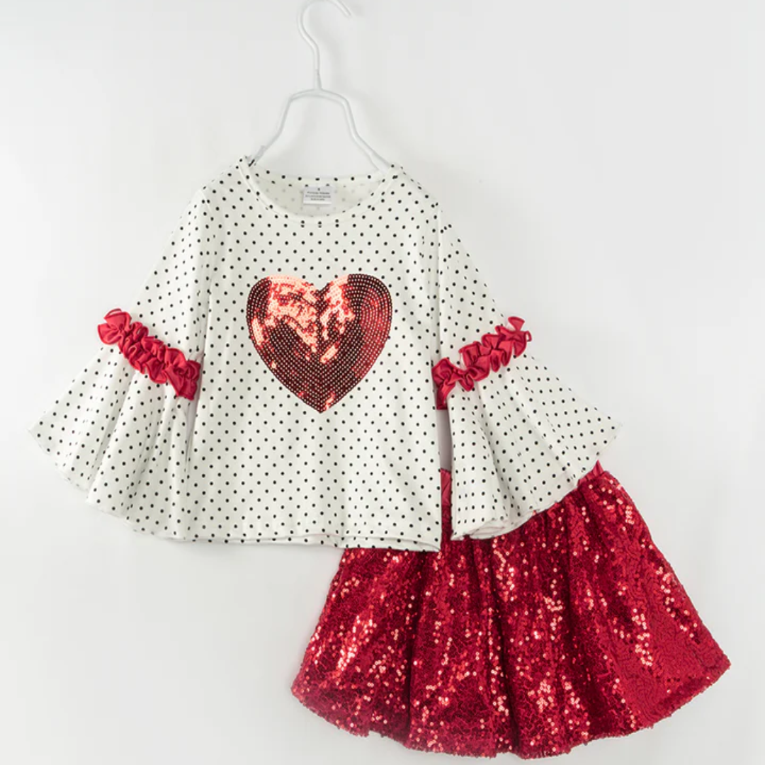 Red Heart Sequins Ruffle Girl Skirt Set Dress | USA Supplier