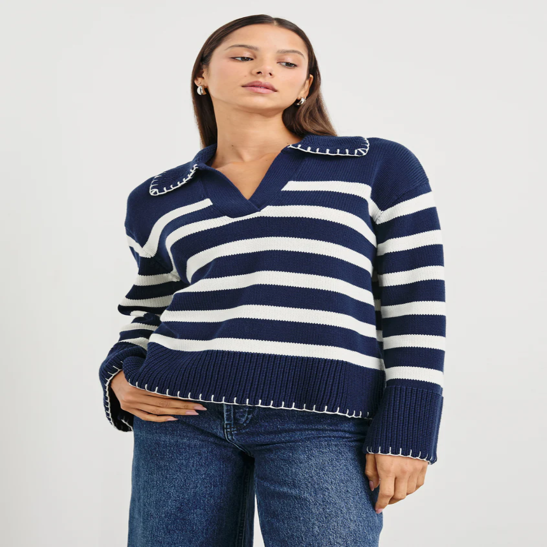 Women’s Athena Knitted Sweater – Navy Ivory Stripe | US Supplier