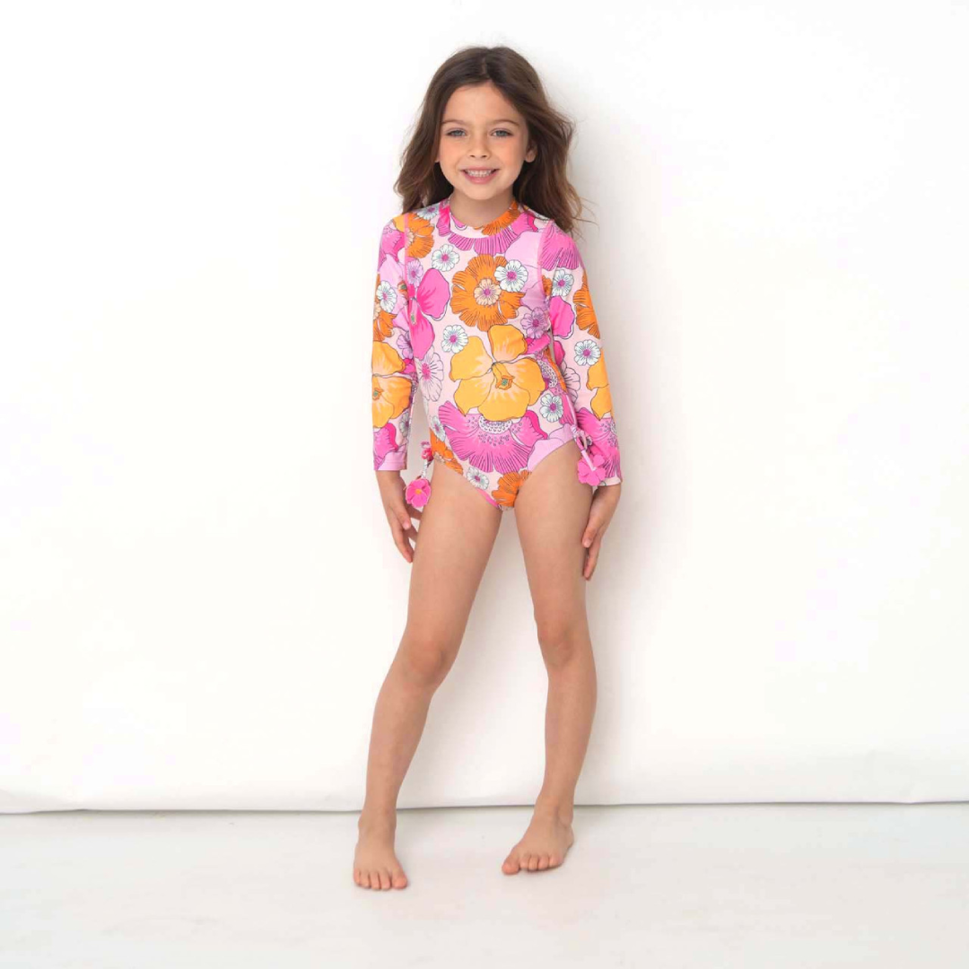 Blooming Hibiscus Girls Long Sleeve Swimsuit (6m–10y) | USA Swimwear Supplier