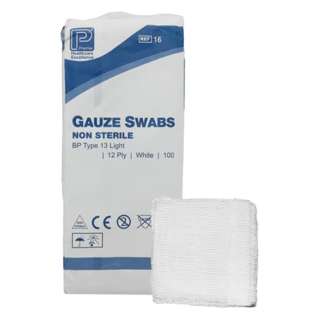 Premier Cotton Gauze Swabs 12ply 100 Pack UK Medical