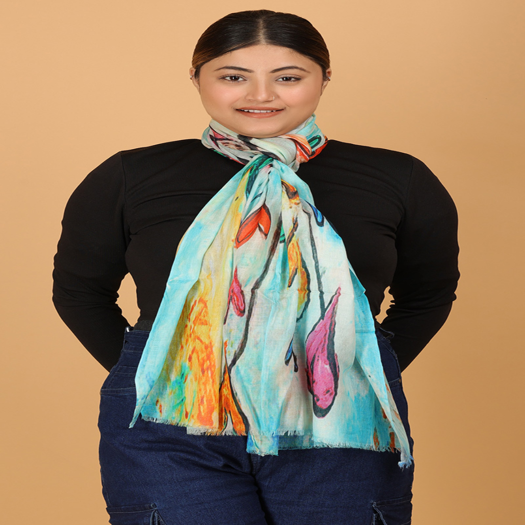 Bluish Orange Modal Silk Printed Scarves Online