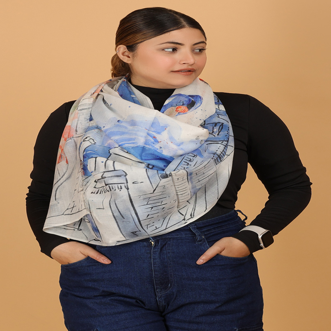 Blue Hand Painted Cotton Modal Scarves for Style