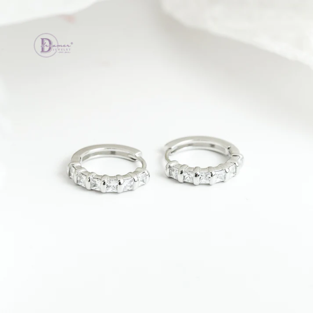 Hoops Sterling Silver 6 Stones White Gold Plated Earrings.
