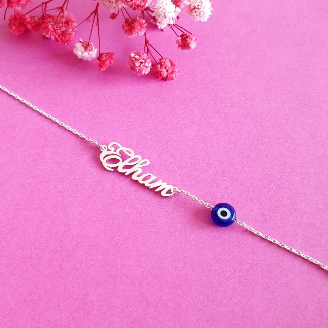 Customized Name Bracelet With Blue Eye Charm