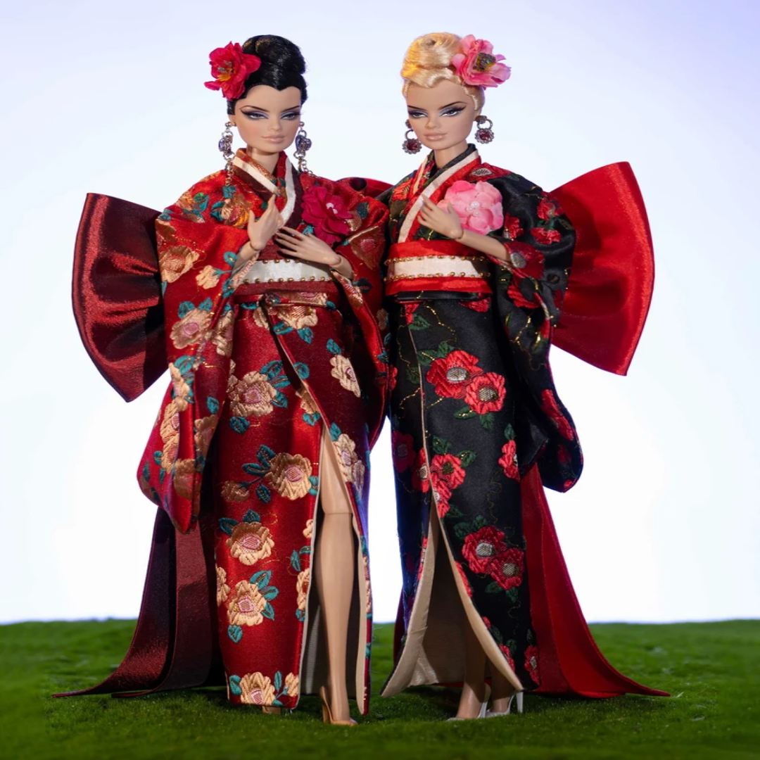 Rose Brocade Kimono Cultural Fashion Doll Display