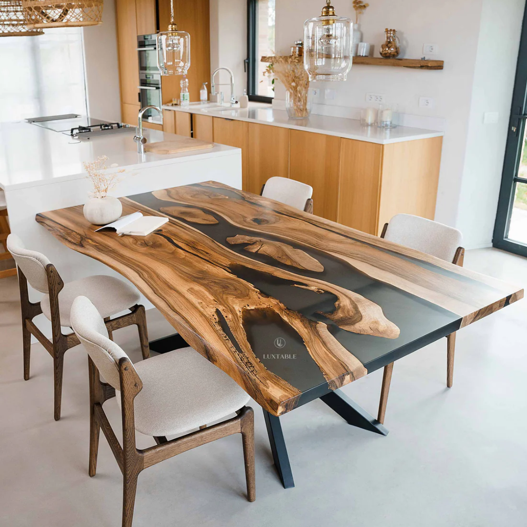 Custom Walnut Smoke Gray Epoxy Rectangular Dining Table