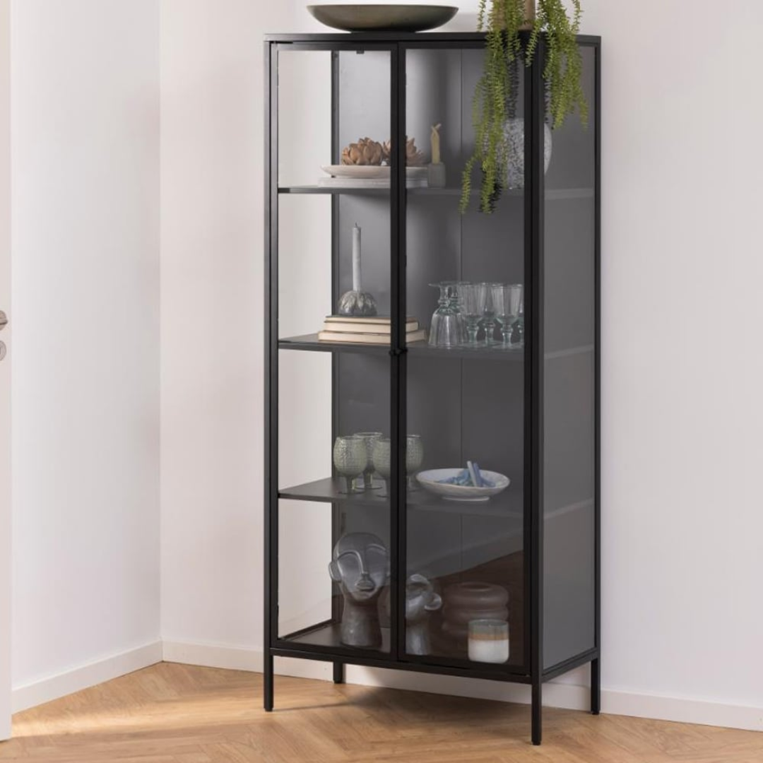 Newberry Tall Metal Display Cabinet with Glass Doors Black