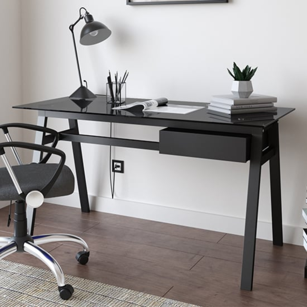 Rubery Black Glass Laptop Writing Desk with Sleek Metal Frame