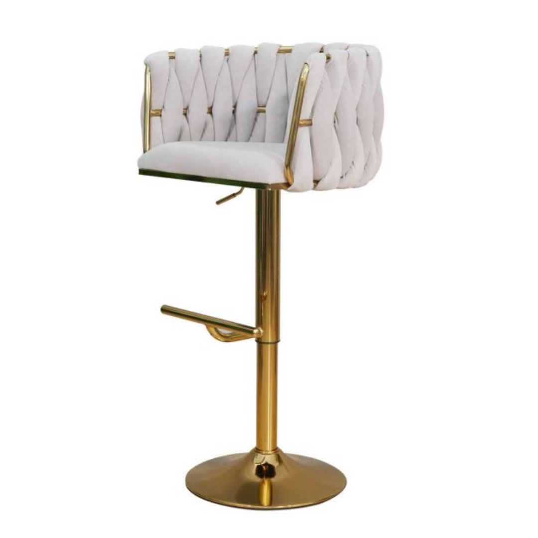 Chunky Woven Bar Stool with Gold Iron Legs and Luxe Style
