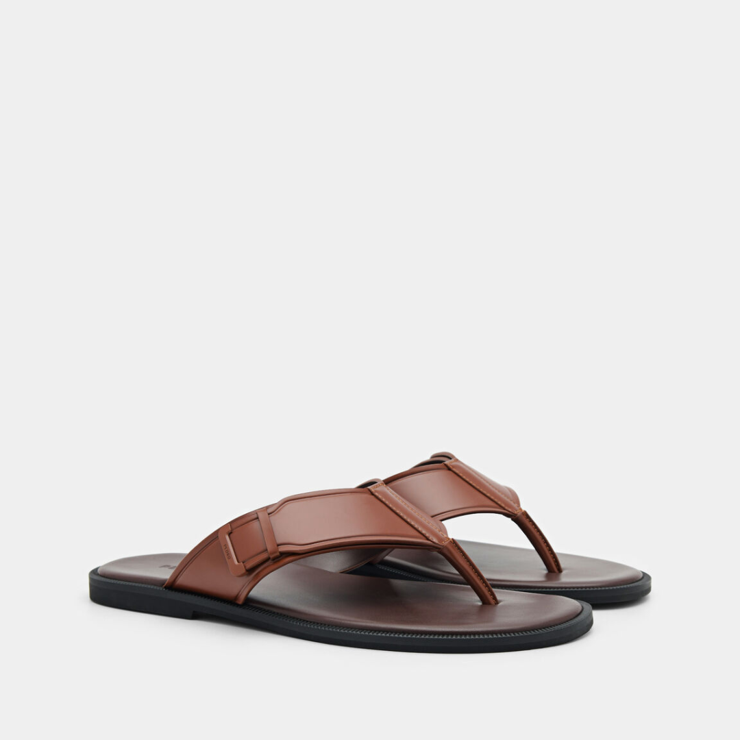 Brown Buckle Thong Leather Slippers for Footwear Export