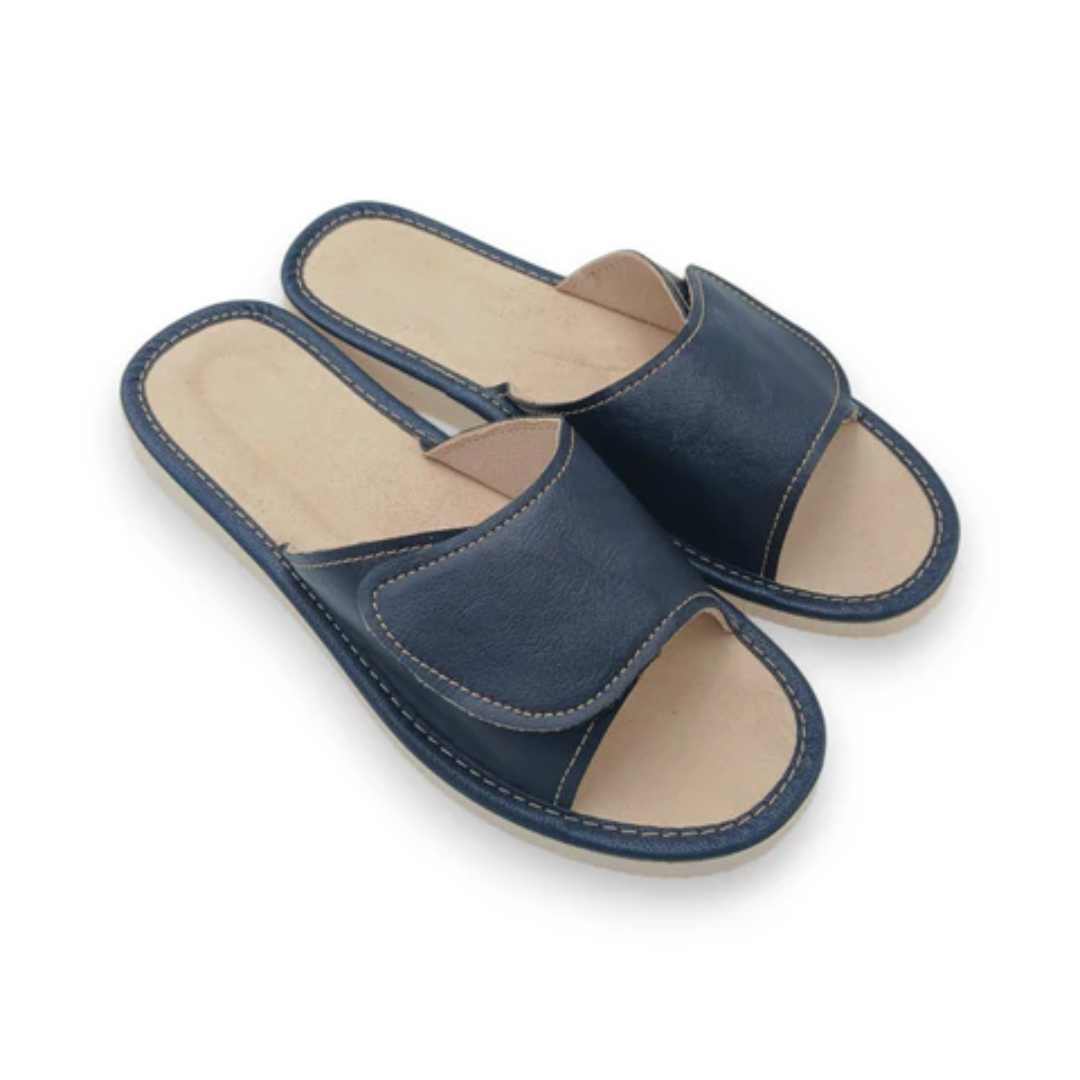 Women’s Dark Blue Leather Slippers for Retail Distribution