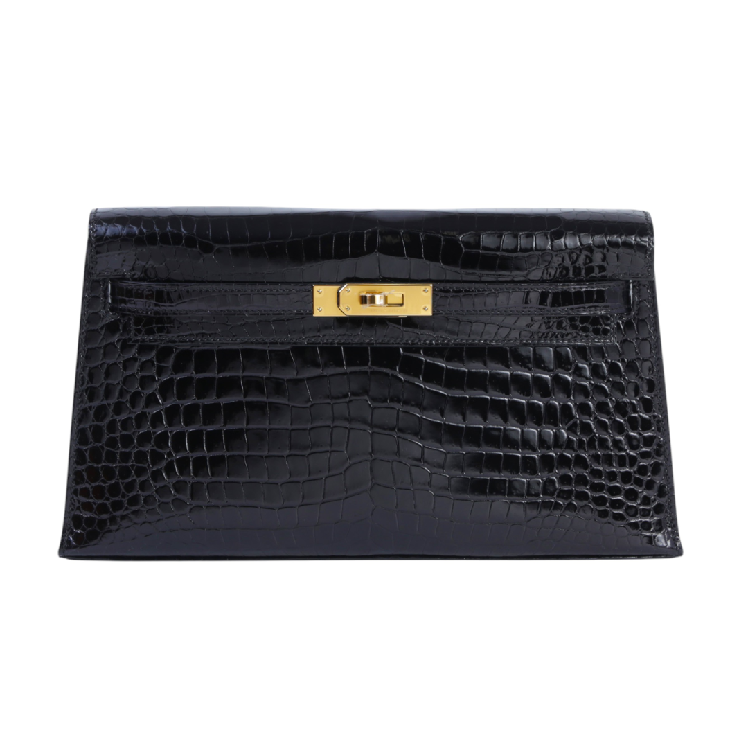 HERMÈS Kelly Elan Noir 89 Shiny Porosus Crocodile Gold Clutch Bag Luxury Designer Evening Style