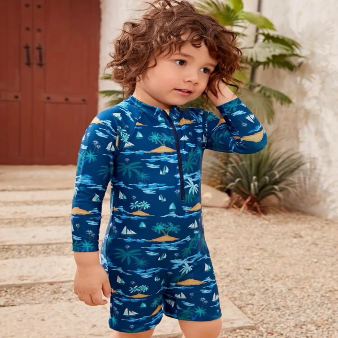 Toddler Sailboat Print Long Sleeve One Piece Swimsuit UV Protection Beach and Pool Wear