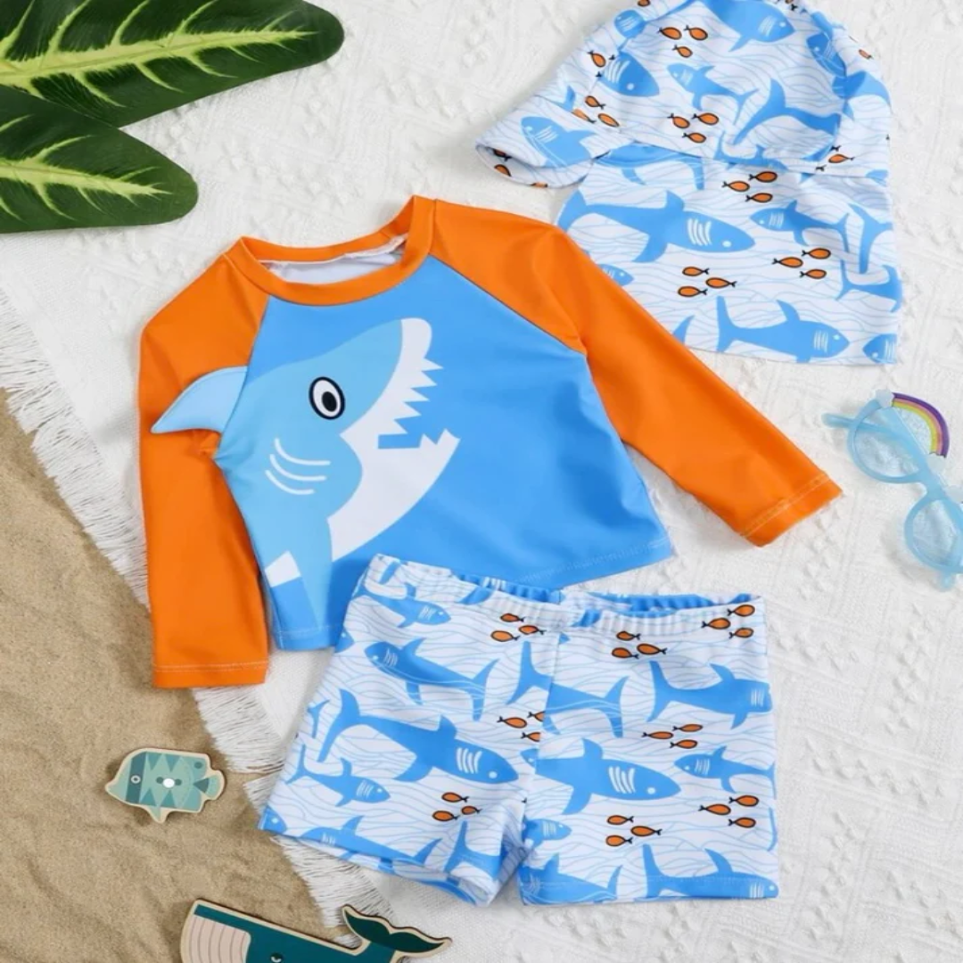 Baby Boy Shark Print Sporty Two Piece Swimsuit with Cap Soft Quick Dry Beach Outfit