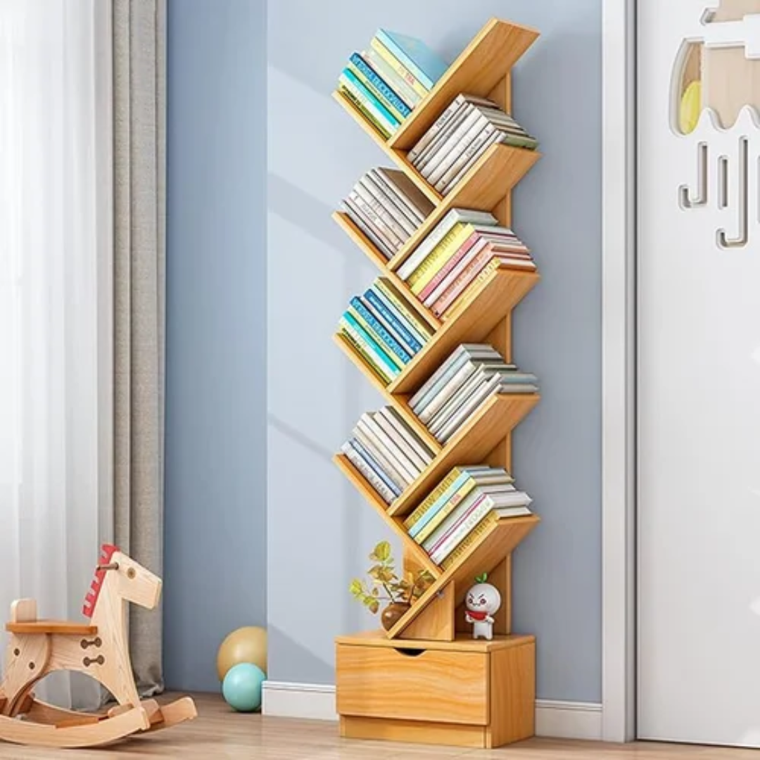 10 Tier Tree Shape Open Bookshelf Modern Wooden Display Rack for Home Office Living Room Storage