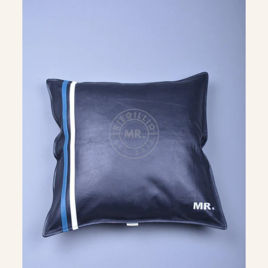 Black Leather Pillow Cover - Jeans Blue StriBlack Leather Pillow Cover Jeans Blue Stripe Stylish Modern Cushion Cover Premium Home Decor