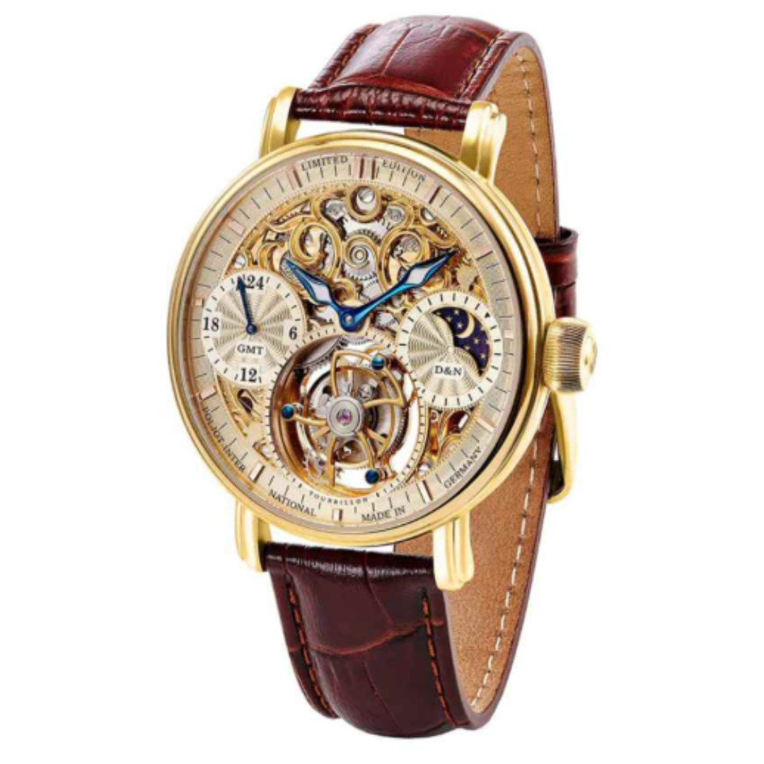 Poljot International Mens Tourbillon Skeleton Watch Brown Gold Luxury Mechanical Wristwatch