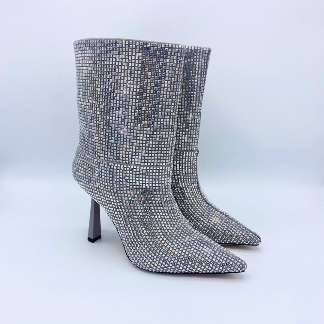 Koilo Heel Silver Sparkle Boots Glamorous Party Wear Boots for Women Stylish Shiny Finish