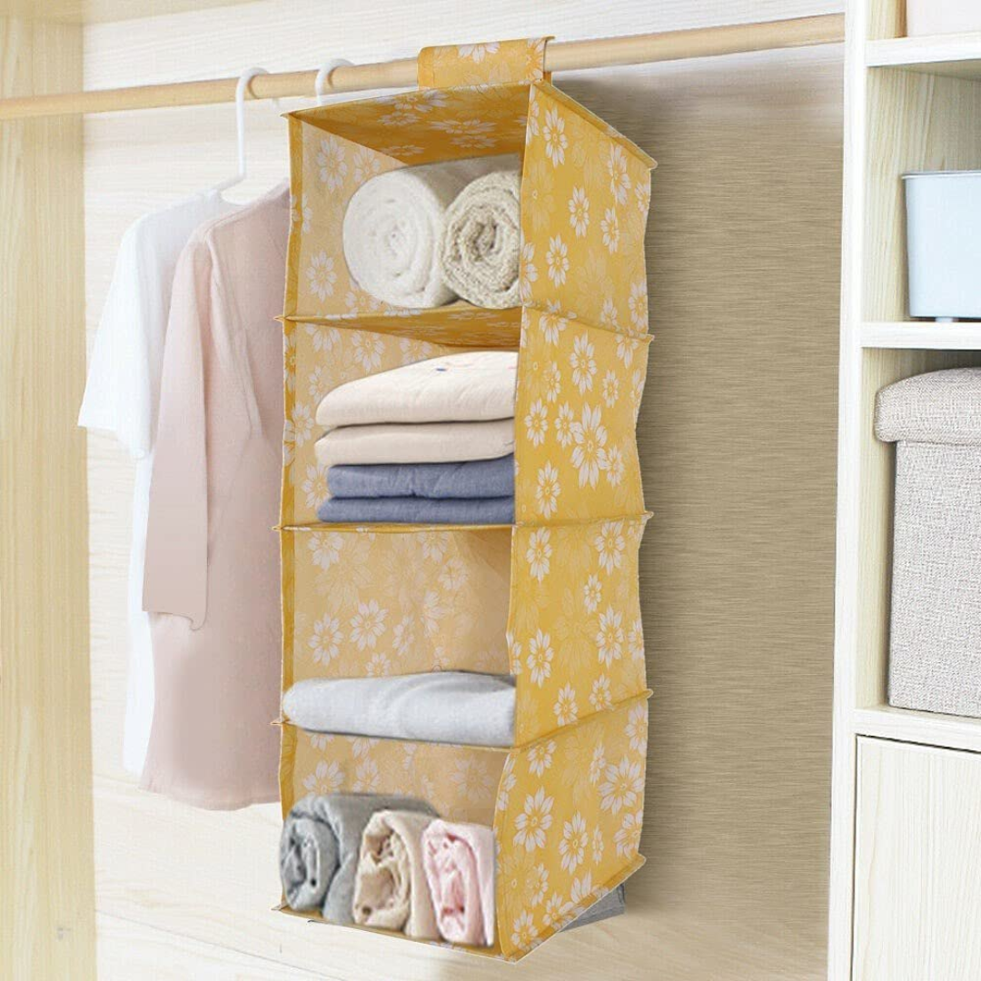 Non Woven Hanging 4 Shelves Foldable Wardrobe/Closet Cloth Organizer Closet Organizer(Yellow)