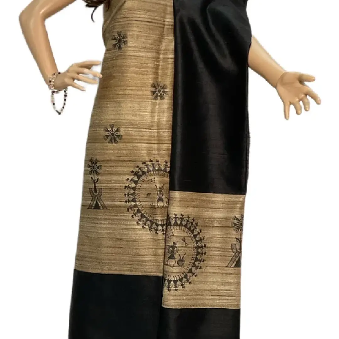 Hand-Painted Silk Dupatta Kurti Set Timeless Elegance in Beige & Black