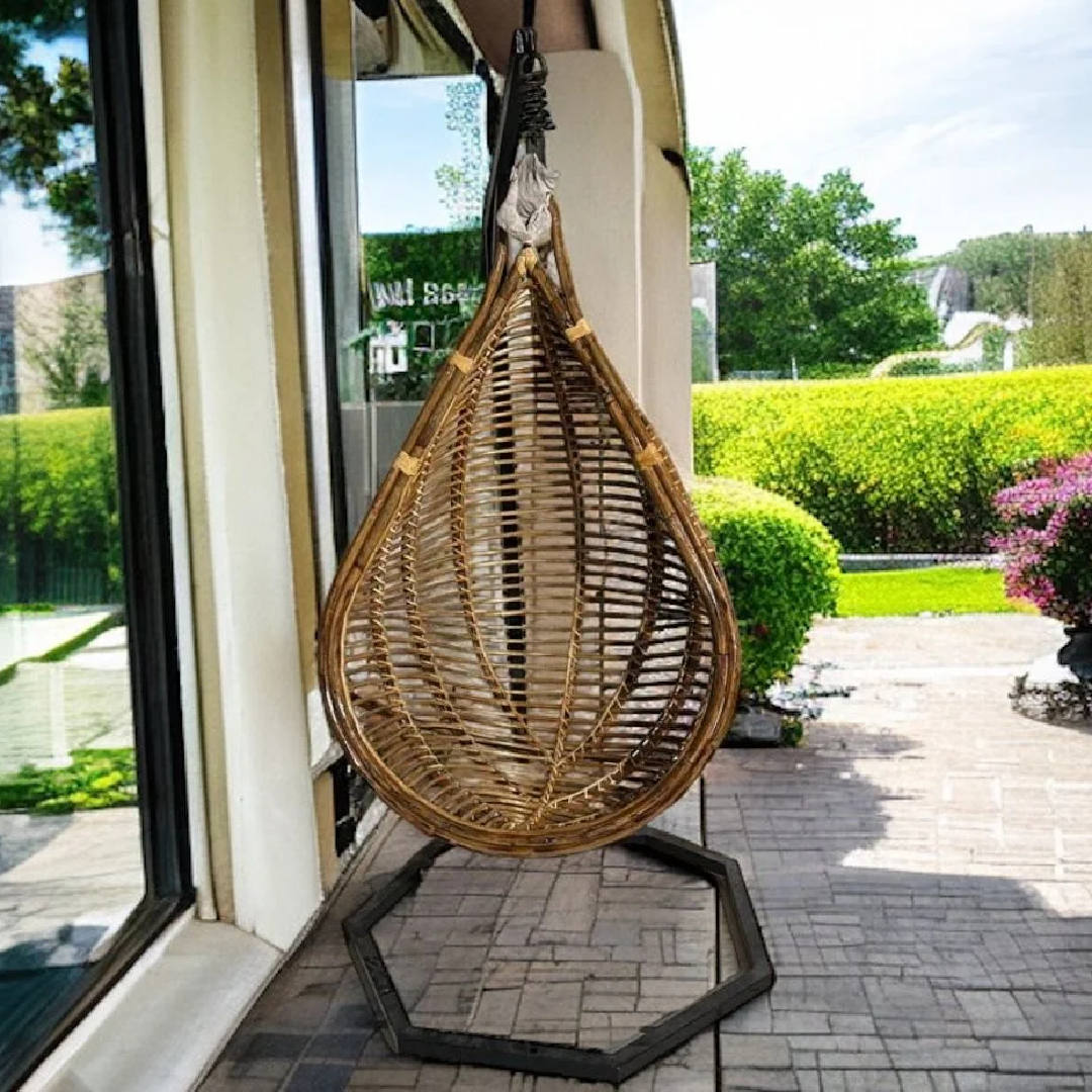 Wooden Modern Cane bamboo (bait) Hanging Swing Chair Jhula With Stand, 1 Seater