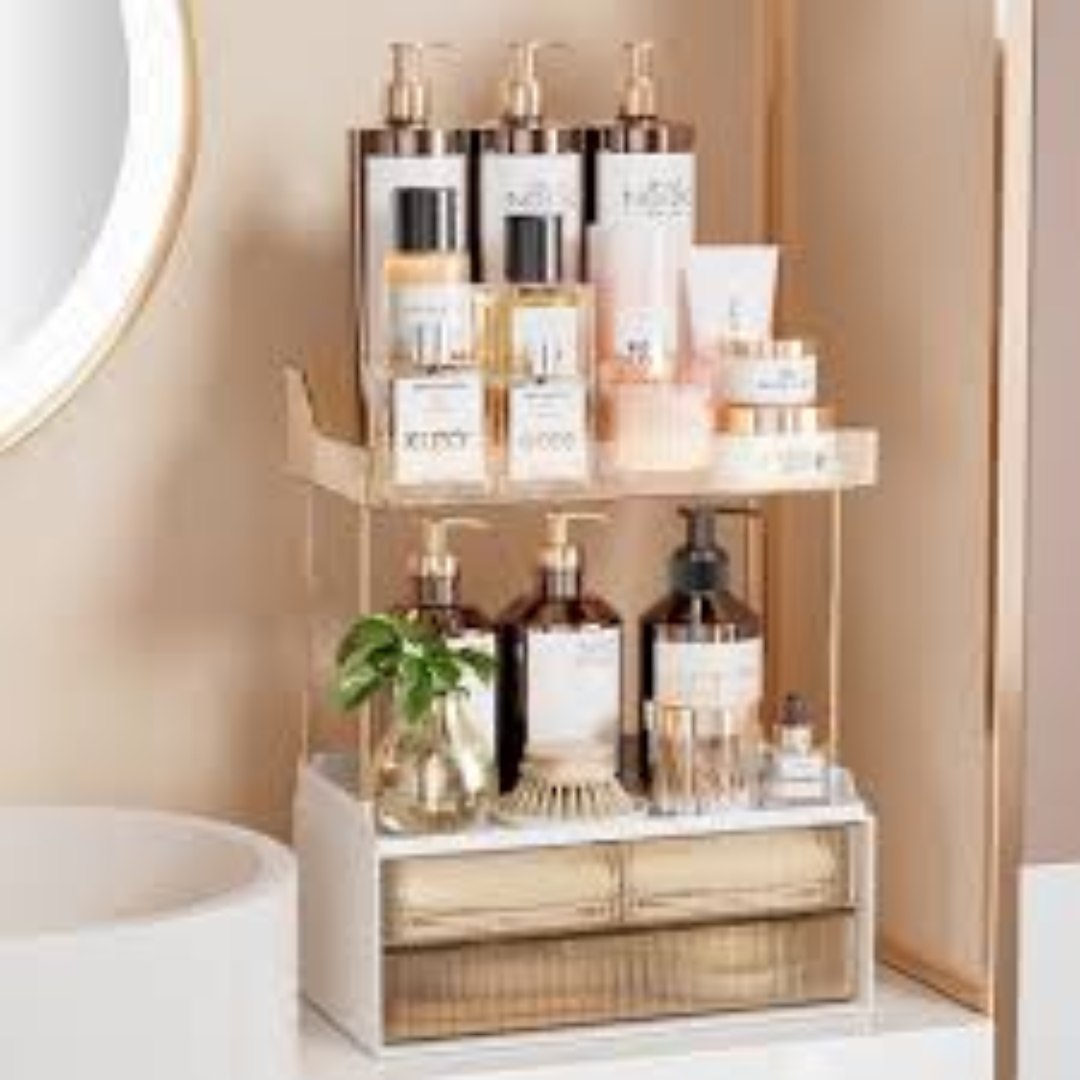 Vanity Organizers for Bathroom Makeup Storage Stylish Space Saving Trays Drawers and Countertop Units